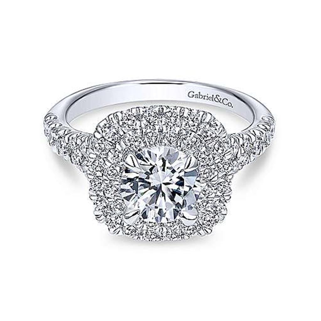 14k White Gold Cushion Double Halo Round Diamond Engagement Ring