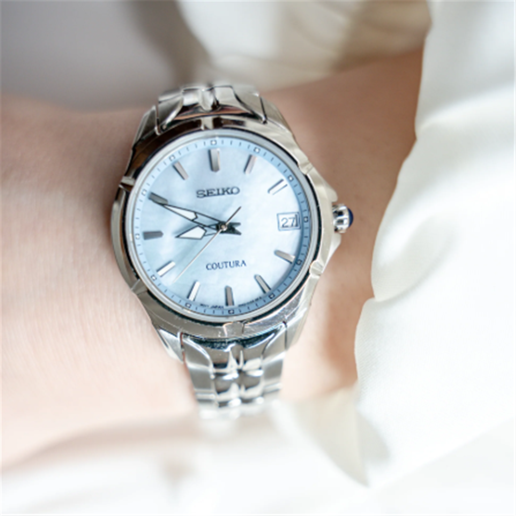 Seiko Coutura Stainless Steel Blue Mother-of-Pearl Index Dial Watch – Ref. SUR583