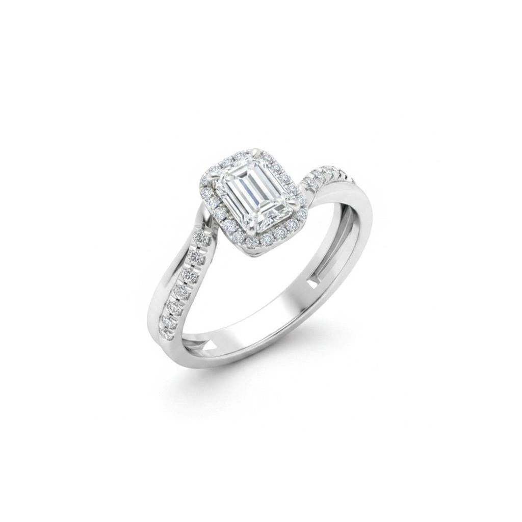 14K White Gold Emerald Cut Diamond Halo Bypass Engagement Ring | 1.10ct