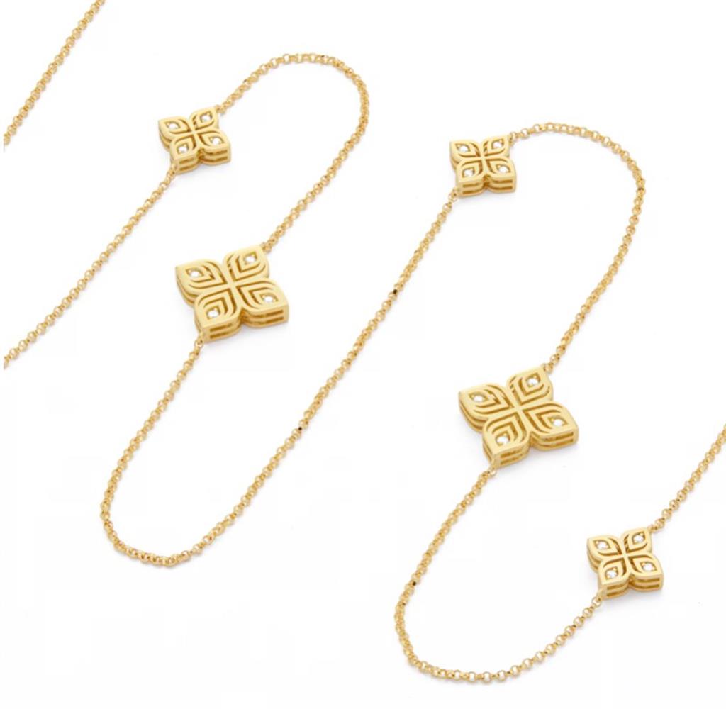 18kt Yellow Gold Arabesque Diamond Flower Station Diamond-Cut Rolo Chain Necklace