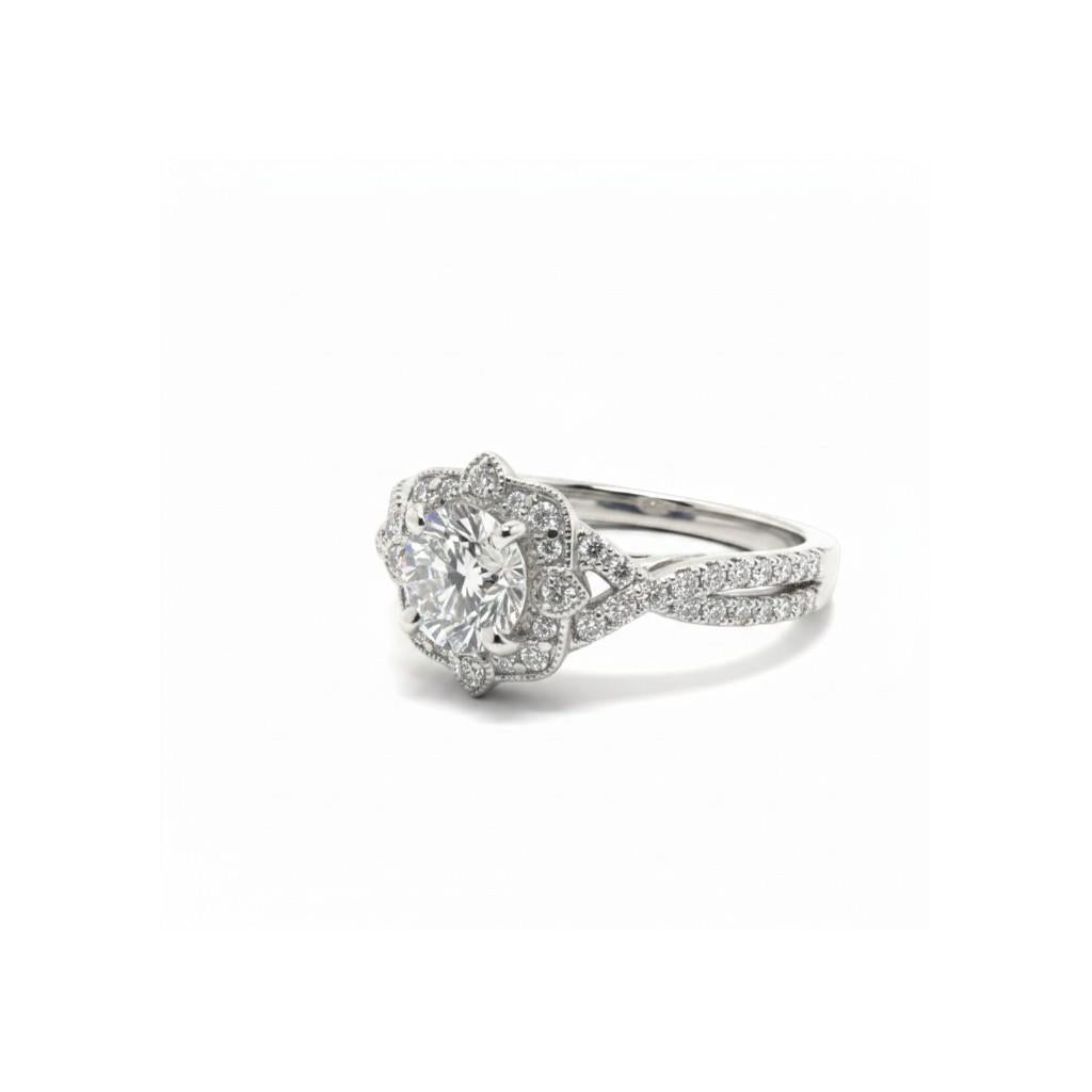 14K White Gold Vintage Halo Diamond Engagement Ring | 0.91ct Round