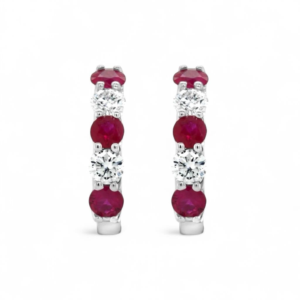 18Kt White Gold Alternating Ruby & Diamond Hoop Earrings