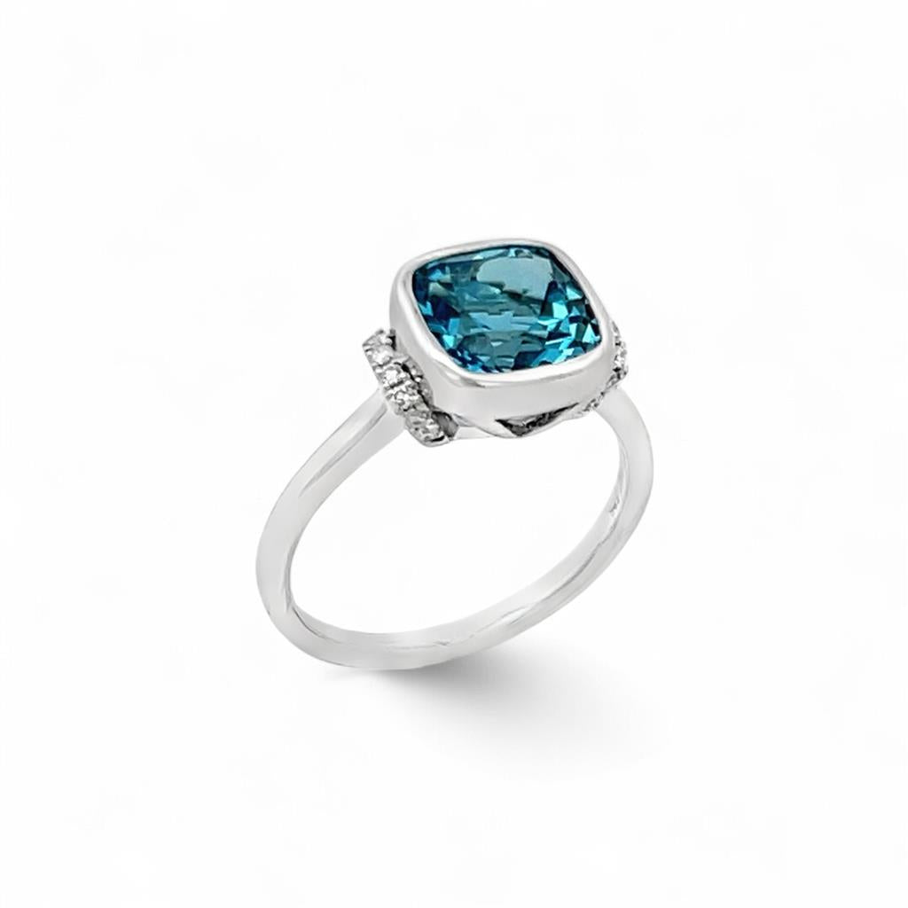 14K White Gold Accented Bezel Fashion Ring with Blue Topaz & Diamonds