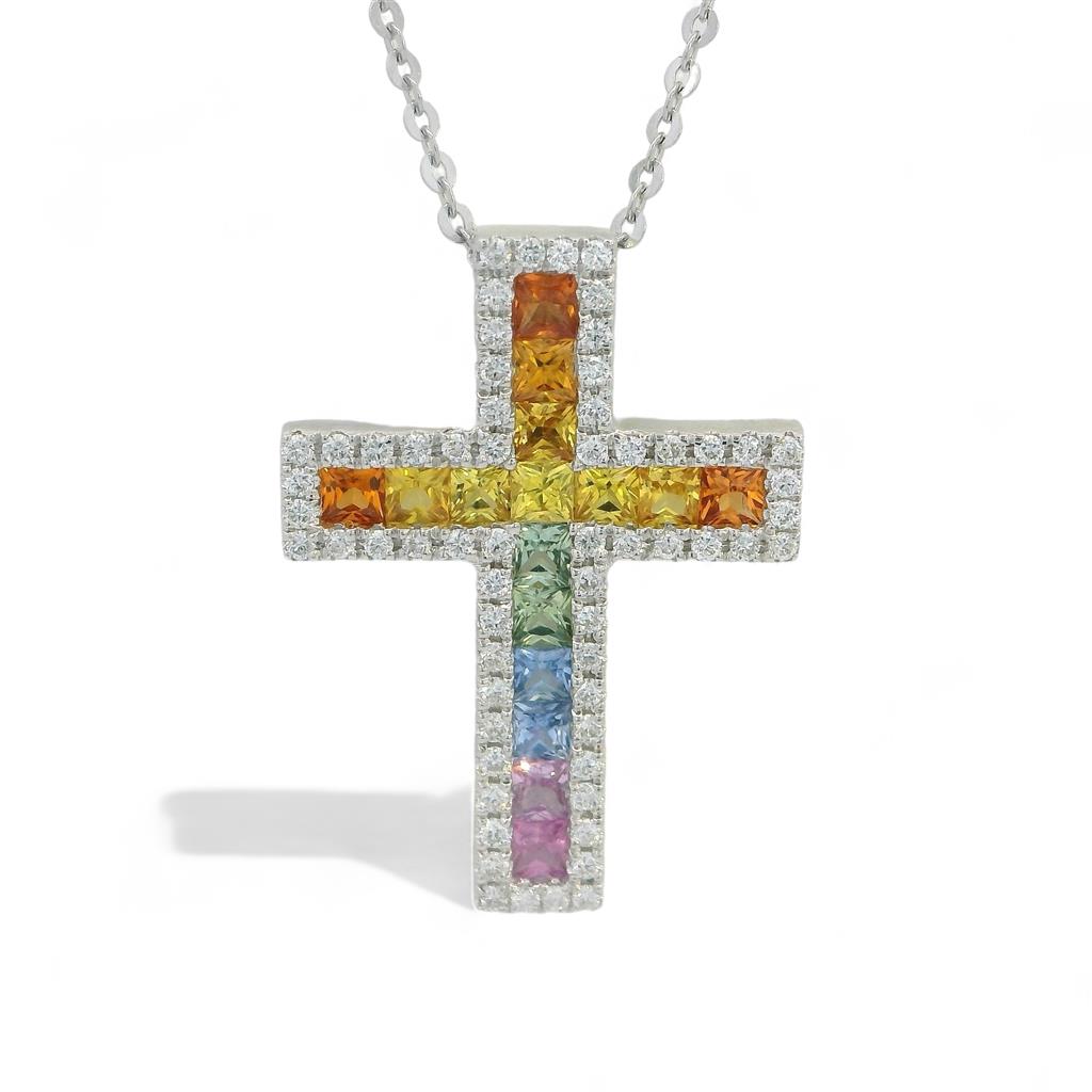 18KT White Gold Multicolored Sapphire & Diamond Cross Pendant