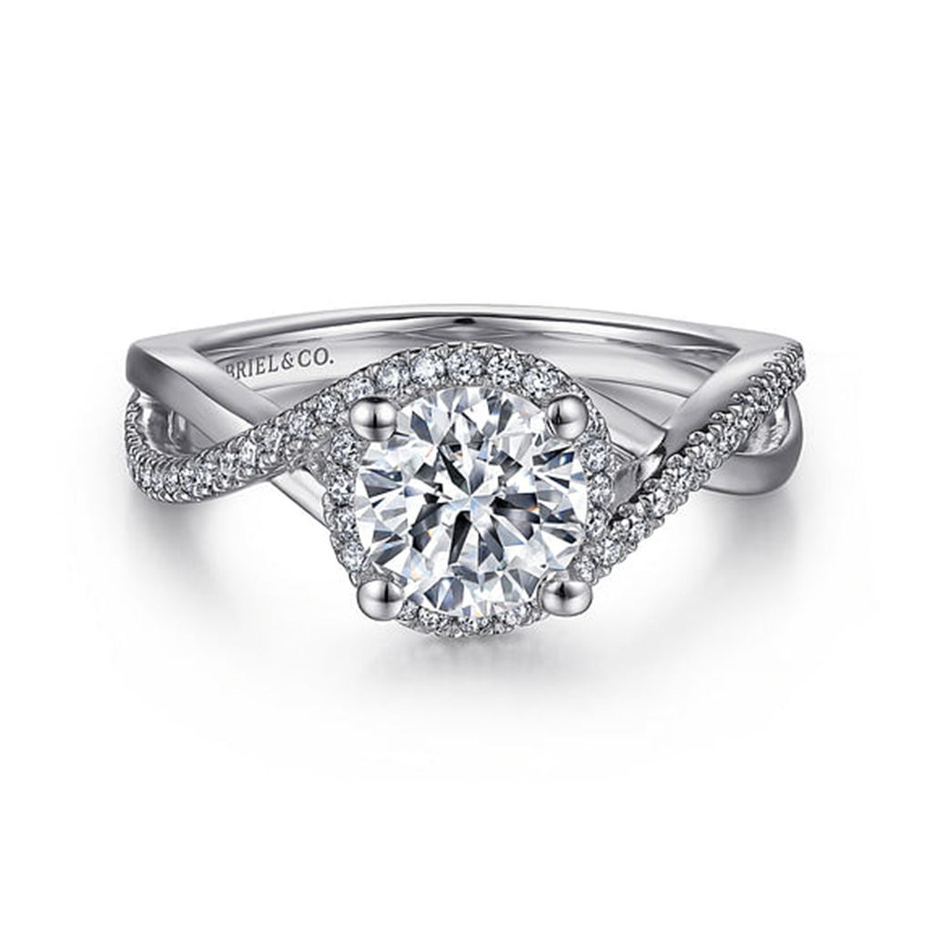 14KT White Gold Diamond Halo Twist Shank Semi-Mounting