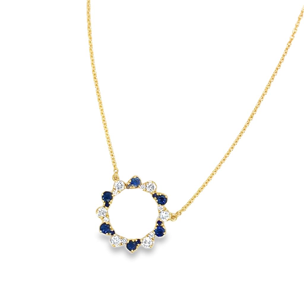 14kt Yellow Gold Sapphire & Diamond Open Floral Circle Pendant Necklace