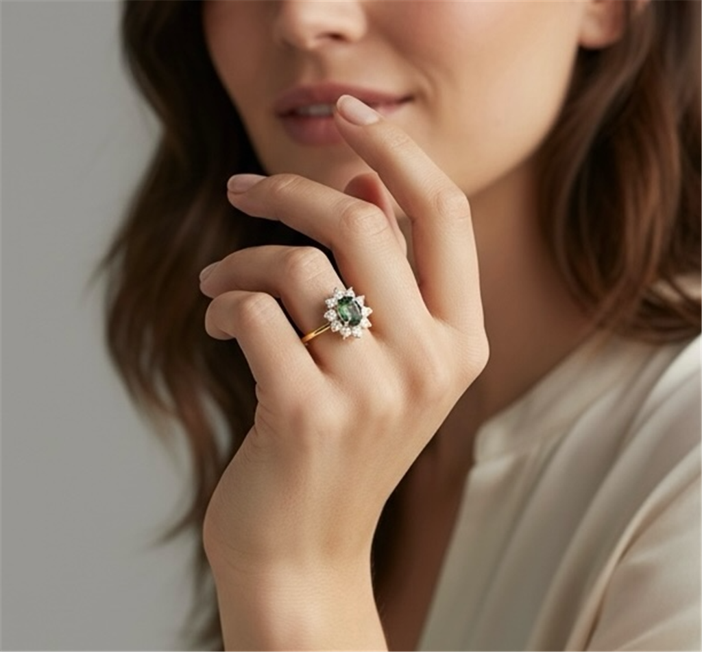 18kt Yellow Gold Green Sapphire & Diamond Oval Halo Fashion Ring