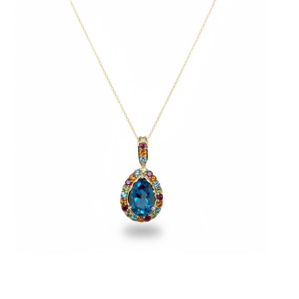 14kt Yellow Gold Multicolor Pear-Shaped Blue Topaz Halo Pendant Necklace – 18"