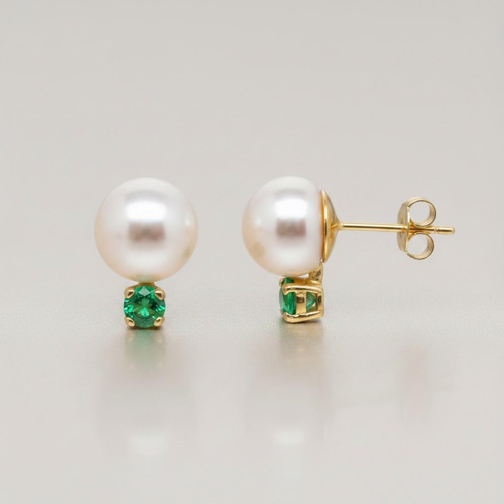 14KT Yellow Gold Pearl & Emerald Stud Earrings