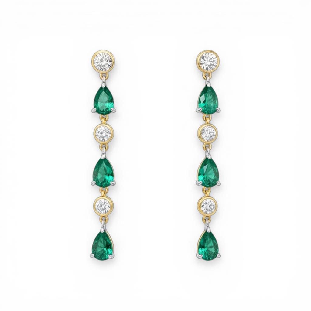 14KT Two-Tone Diamond And Emerald Alternating Drop Earrings