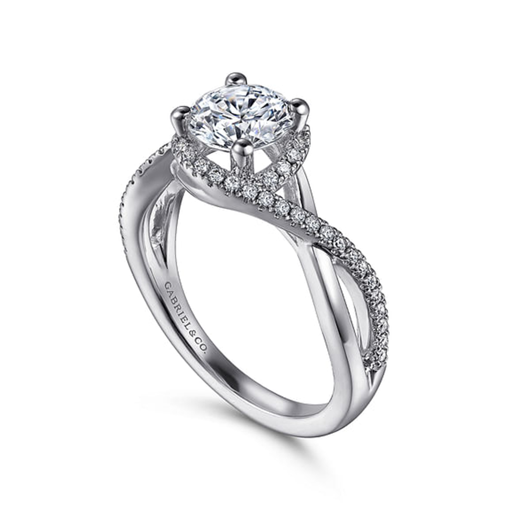 14KT White Gold Diamond Halo Twist Shank Semi-Mounting