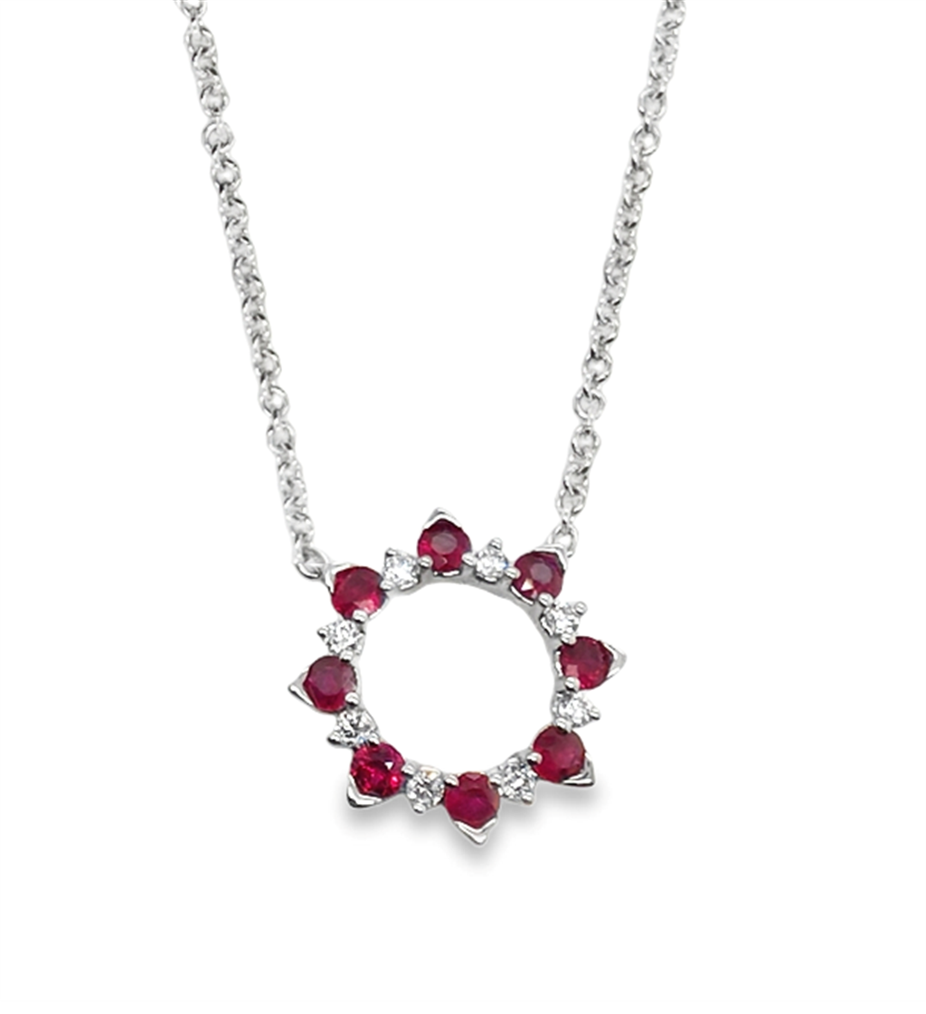 14kt White Gold Ruby & Diamond Circle Pendant Necklace