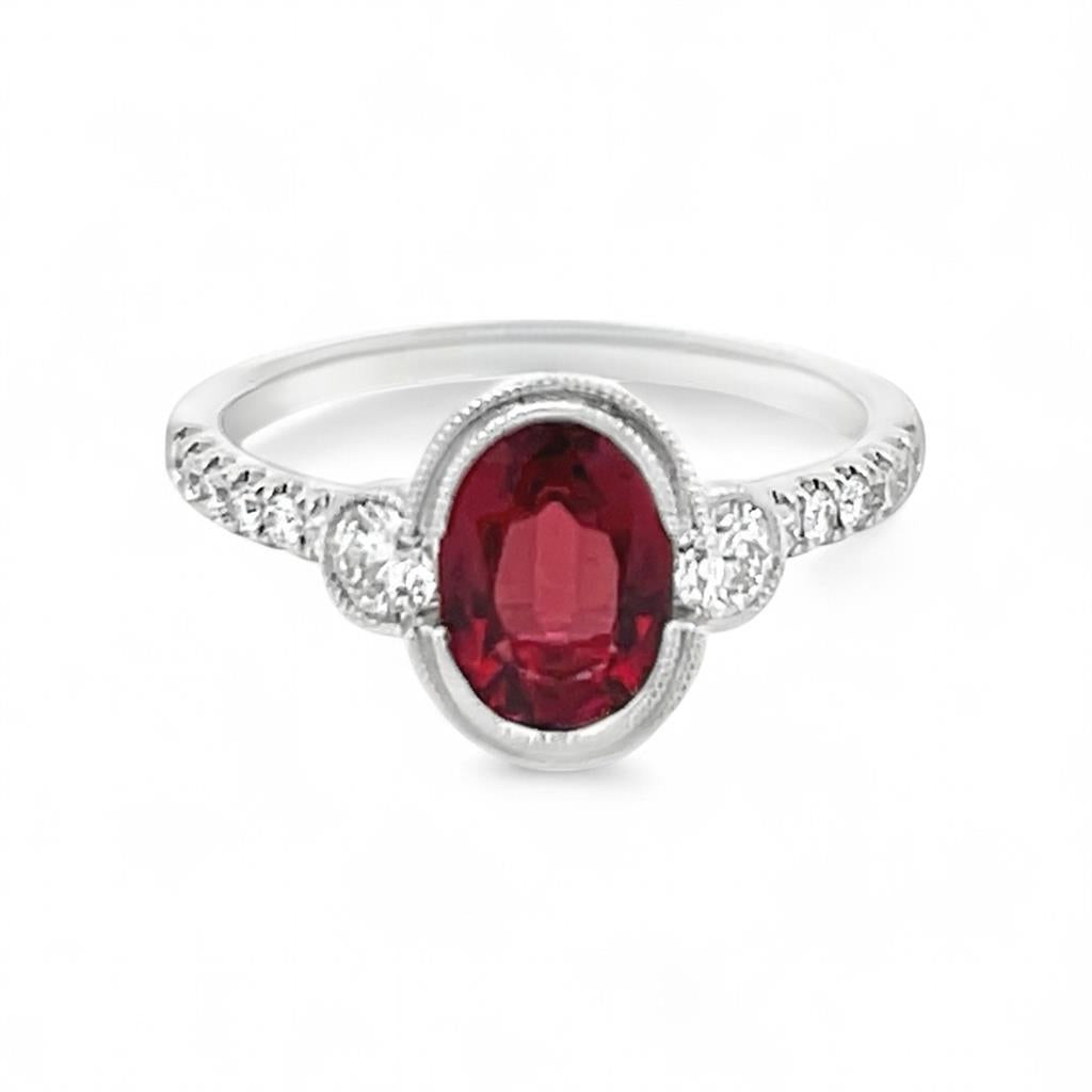 14Kt White Gold Oval Spinel & Diamond Milgrain Edge Fashion Ring
