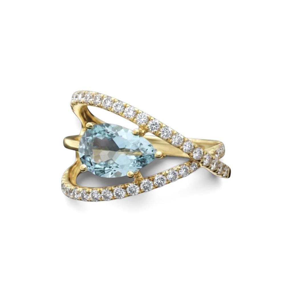 14K Yellow Gold Pear Aquamarine & Diamond Open Space Ring | 1.66 CTW