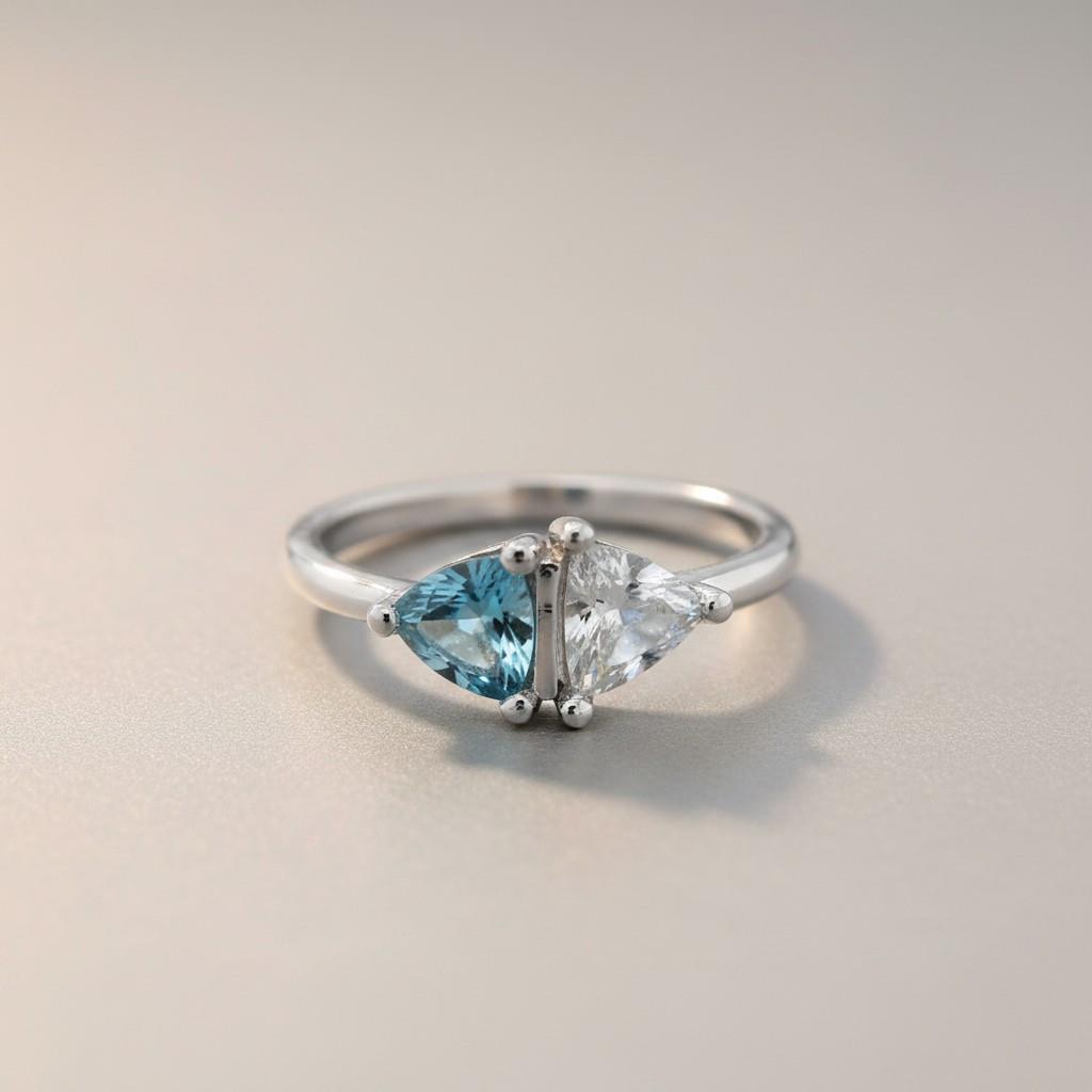 14KT White Gold Swiss Blue Topaz & Diamond 2-Stone Ring