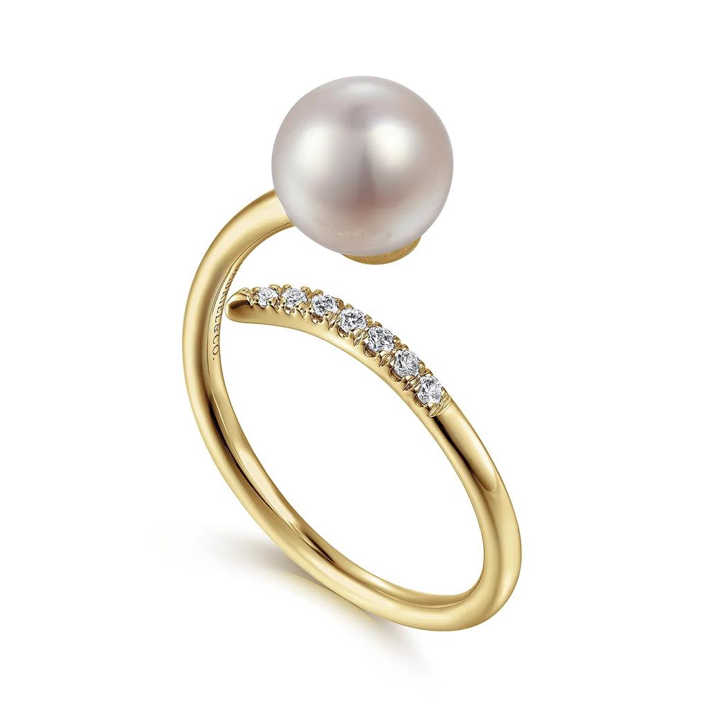 14kt Yellow Gold Cultured Pearl & Diamond Open Wrap Ring - side view