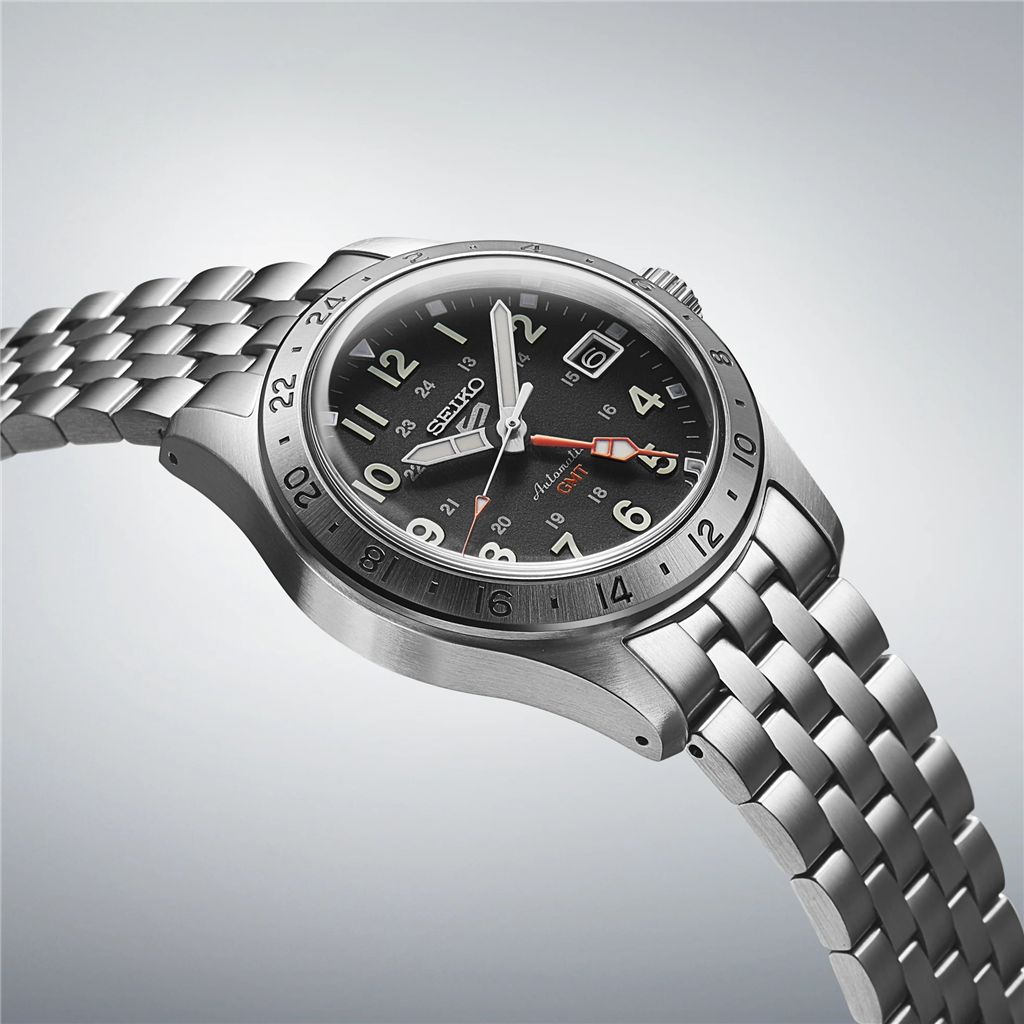 Seiko 5 Sports Stainless Steel Black Arabic Dial Watch – Ref. SSK023 - close up view