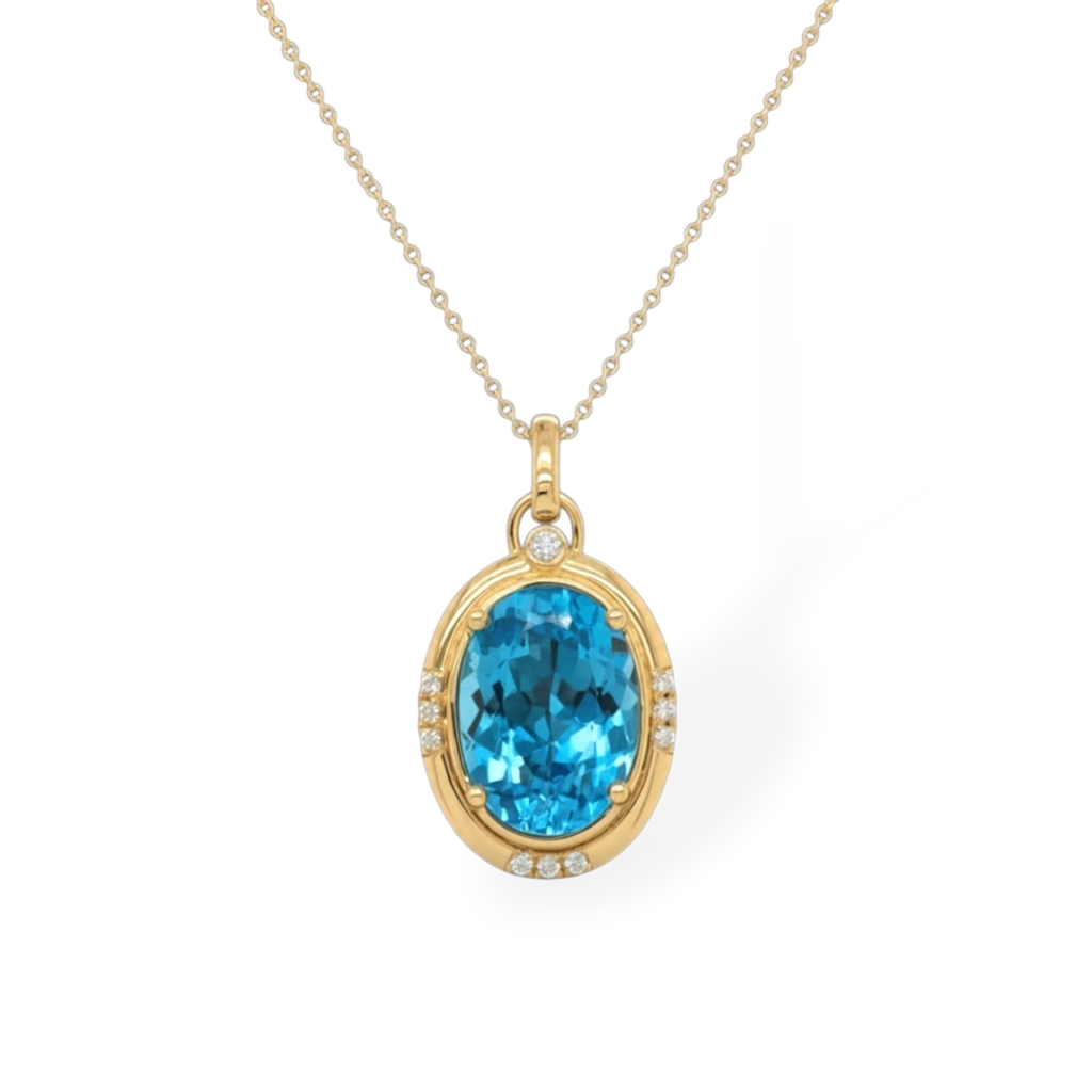 14KT Yellow Gold Oval Blue Topaz And Diamond Pendant