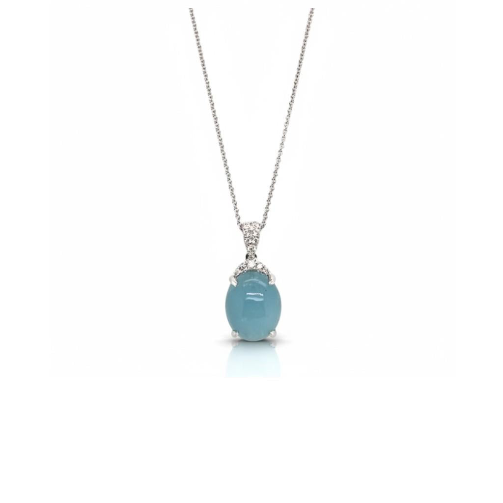 14K White Gold Oval Cabochon Aquamarine & Diamond Pendant Necklace – 3.90ct