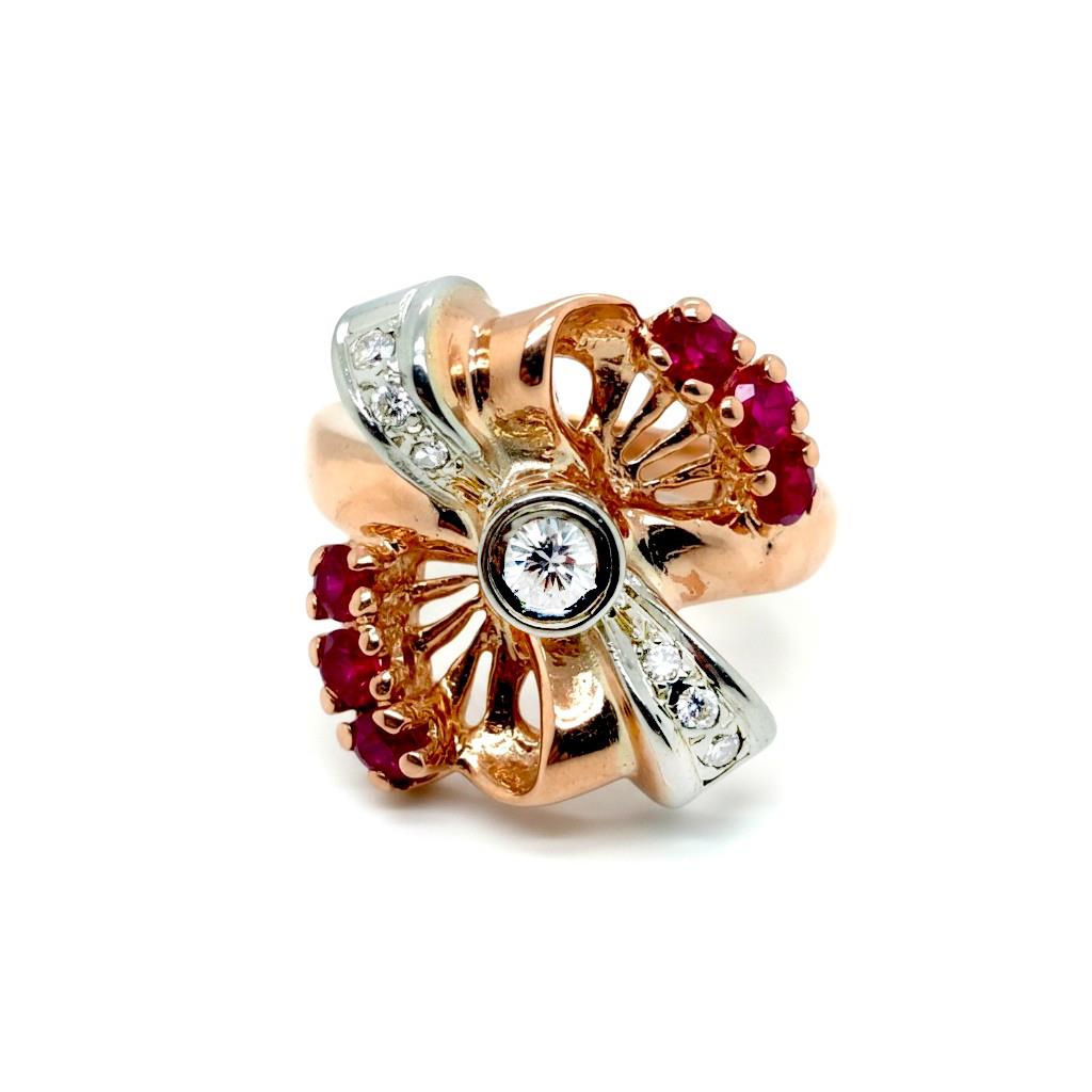 14kt Rose Gold Diamond & Lab-Grown Ruby Fashion Bow Ring – Size 5.5