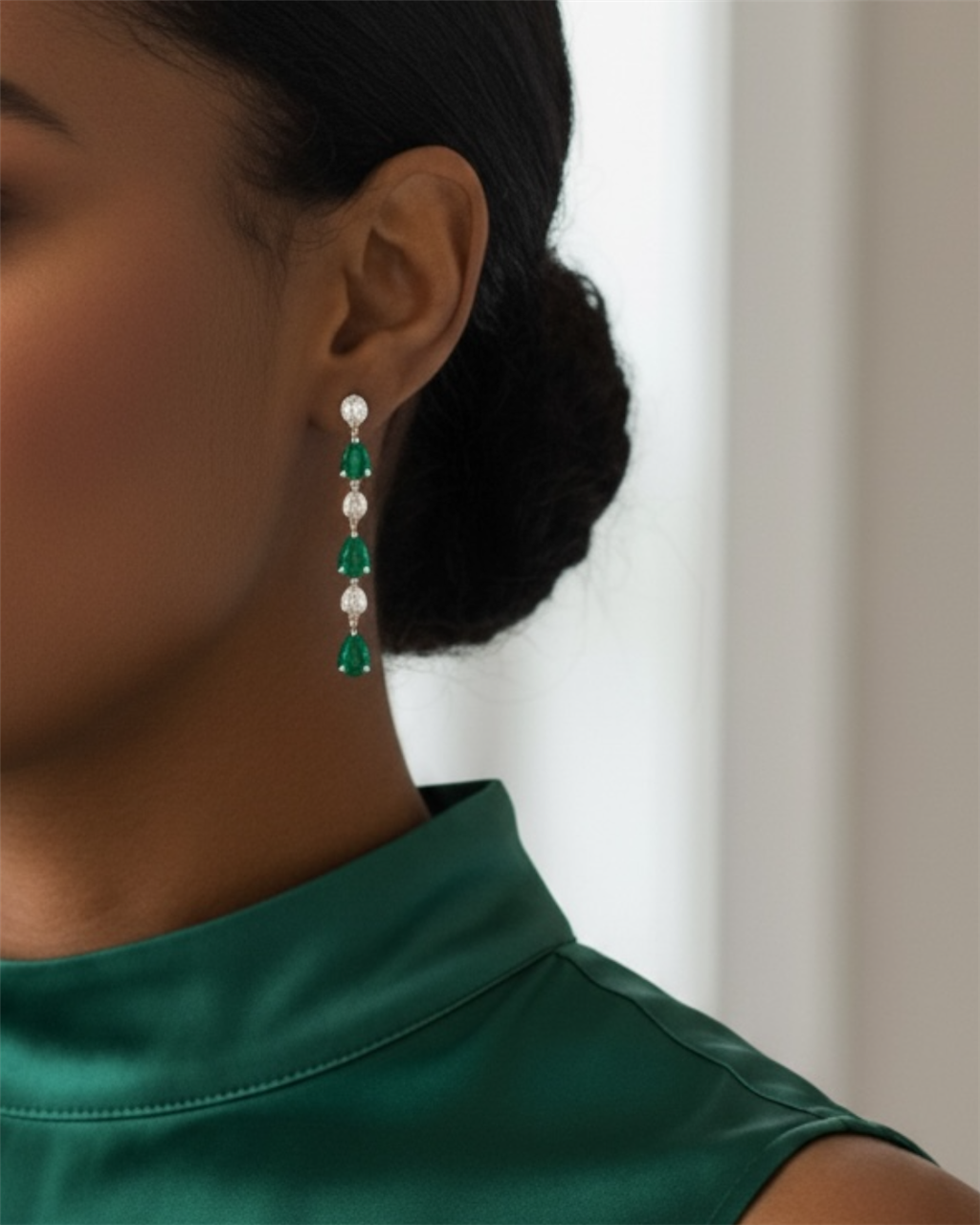 14KT Two-Tone Diamond And Emerald Alternating Drop Earrings