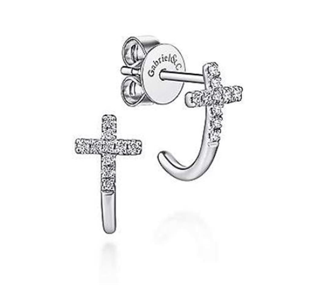 14 Kt White Gold J Curve Diamond Cross Stud Earrings