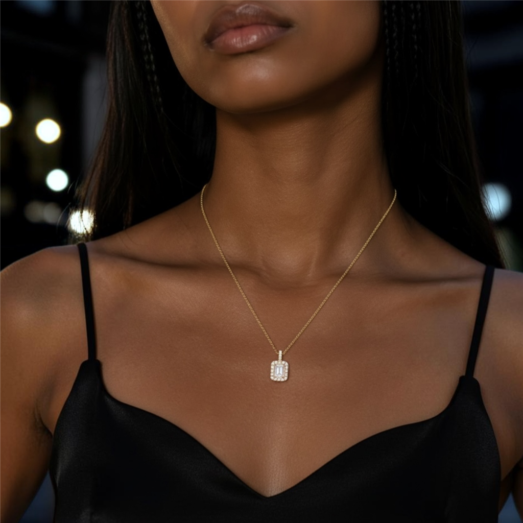 Eternity Emerald Cut Diamond Halo Pendant