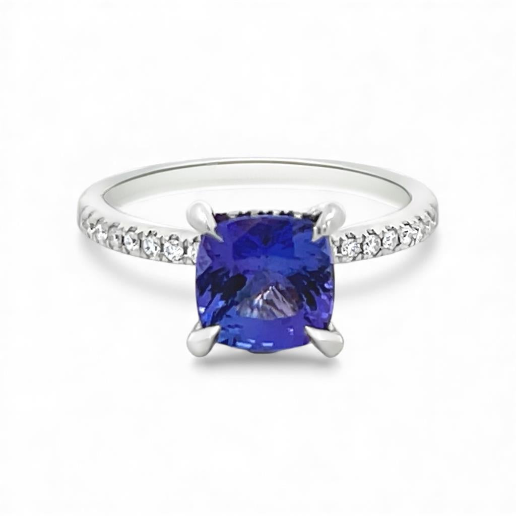 18 Kt White Gold Tanzanite Hidden Halo Diamond Fashion Ring