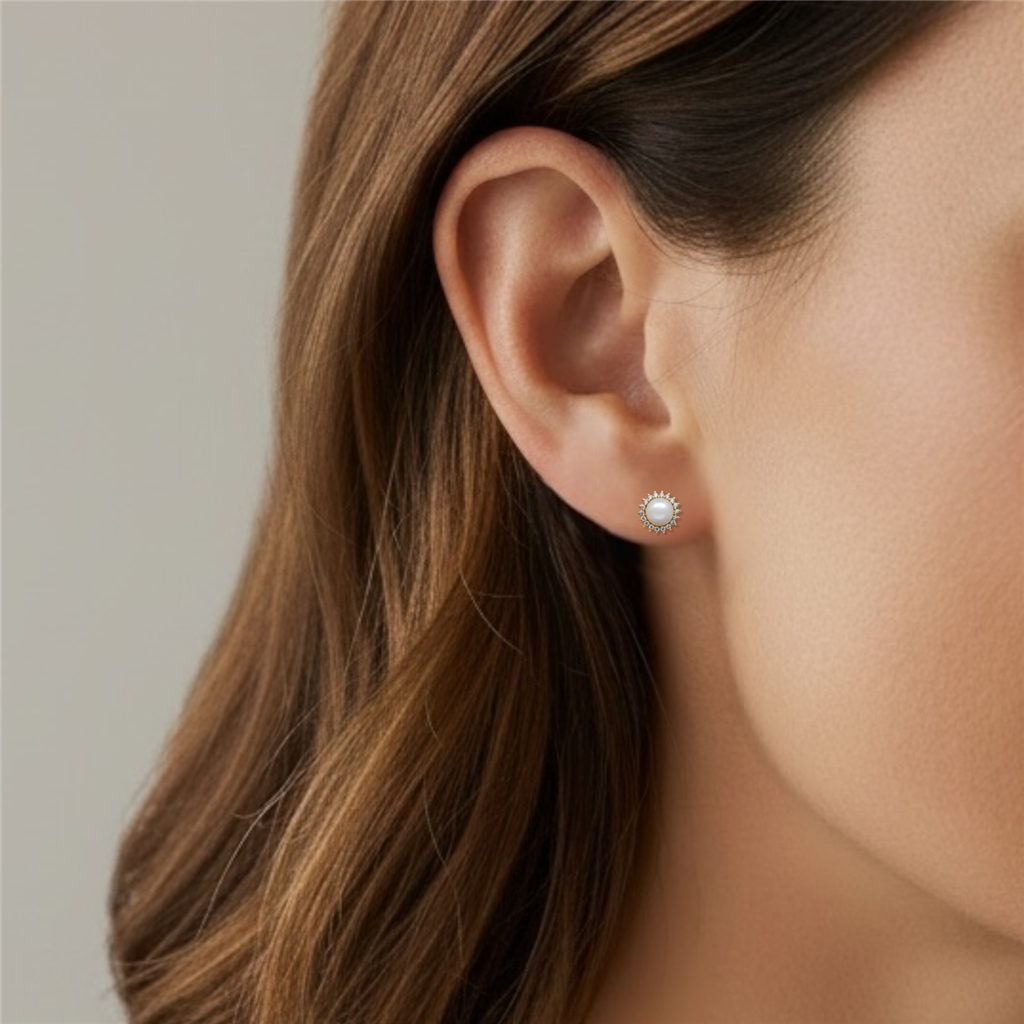 14KT Yellow Gold Pearl And Diamond Halo Stud Earrings