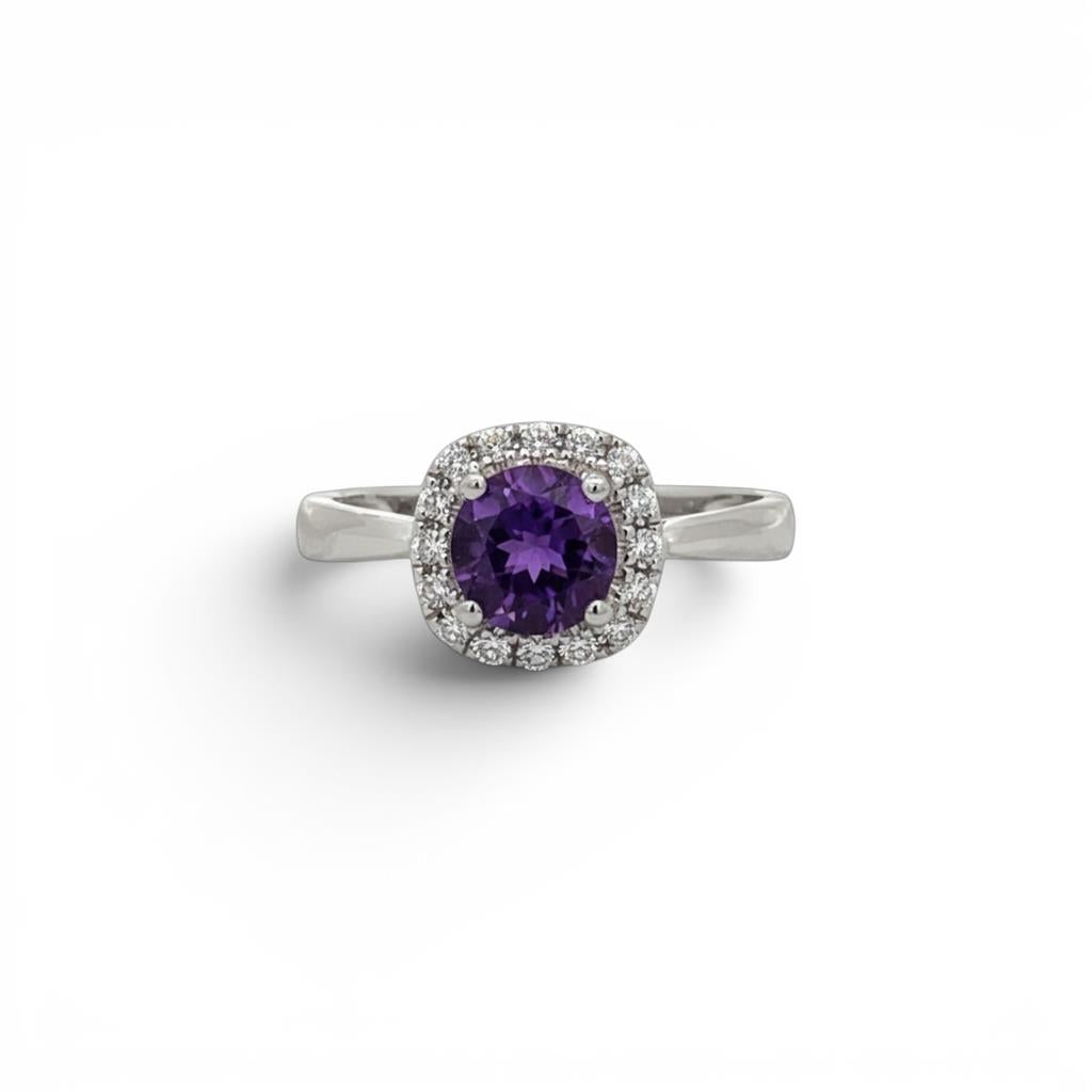 14KT White Gold Amethyst And Diamond Halo Ring