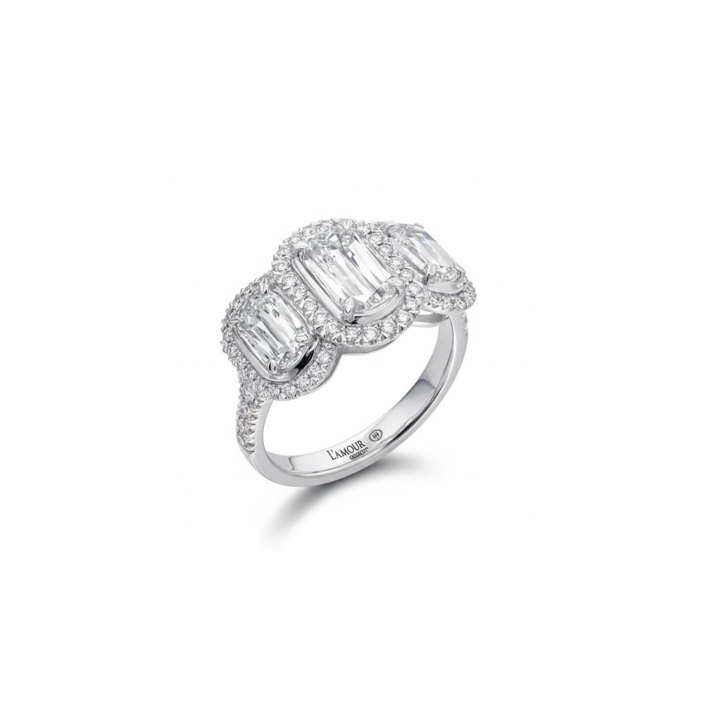 14K White Gold L’Amour Crisscut Three Stone Halo Engagement Ring | 1.42ct