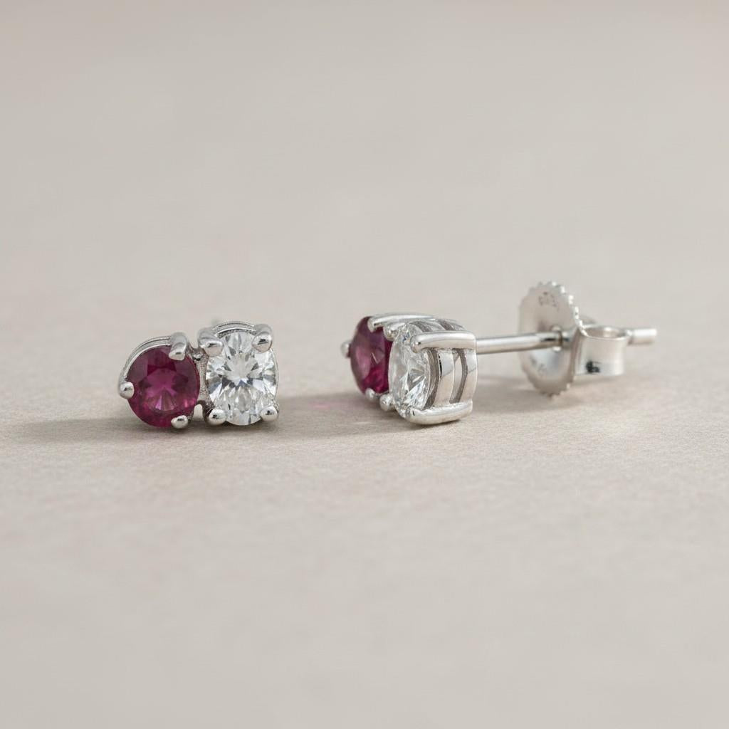 14KT White Gold Ruby & Diamond 2-Stone Stud Earrings