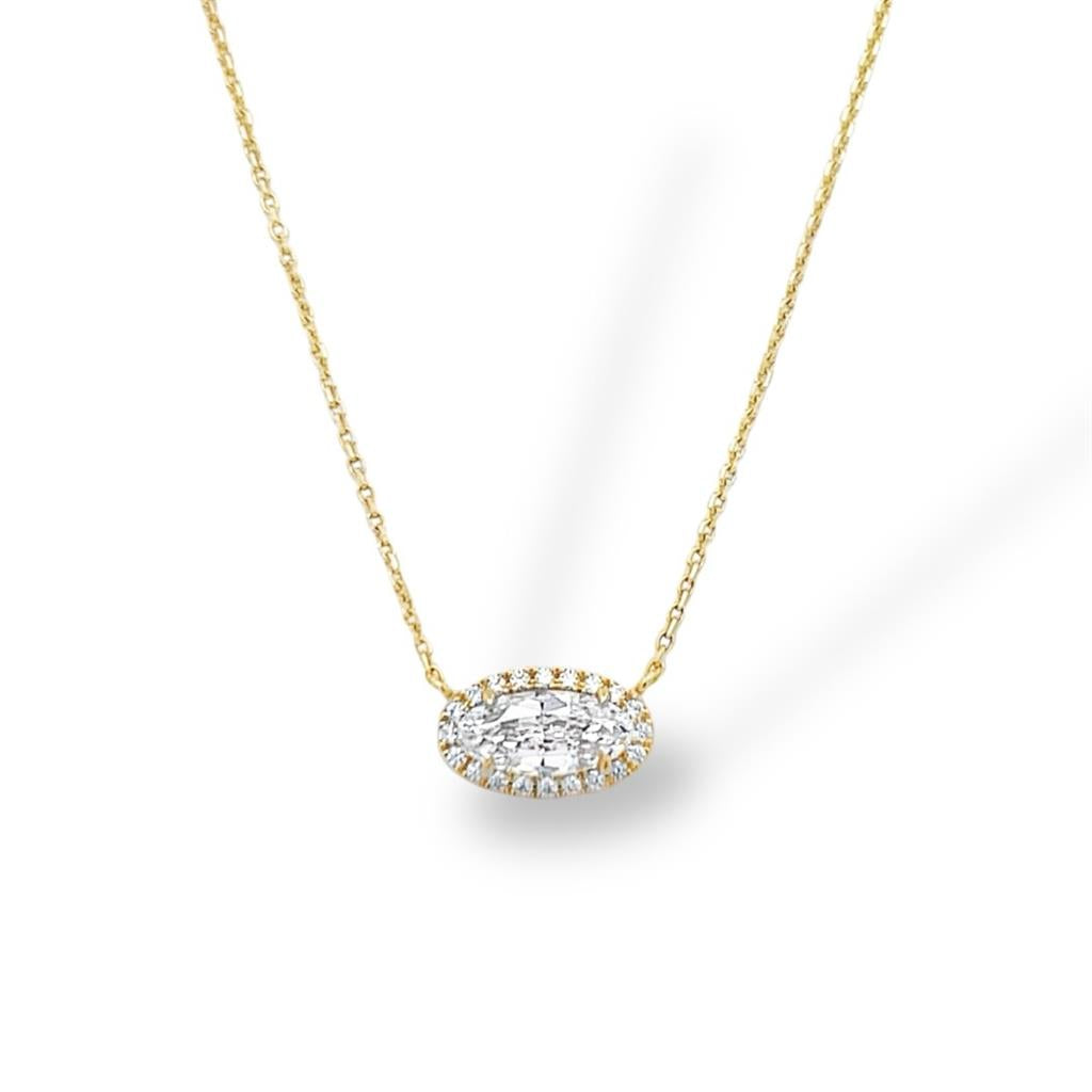 18Kt Yellow Gold Sideways Oval Halo Diamond Necklace