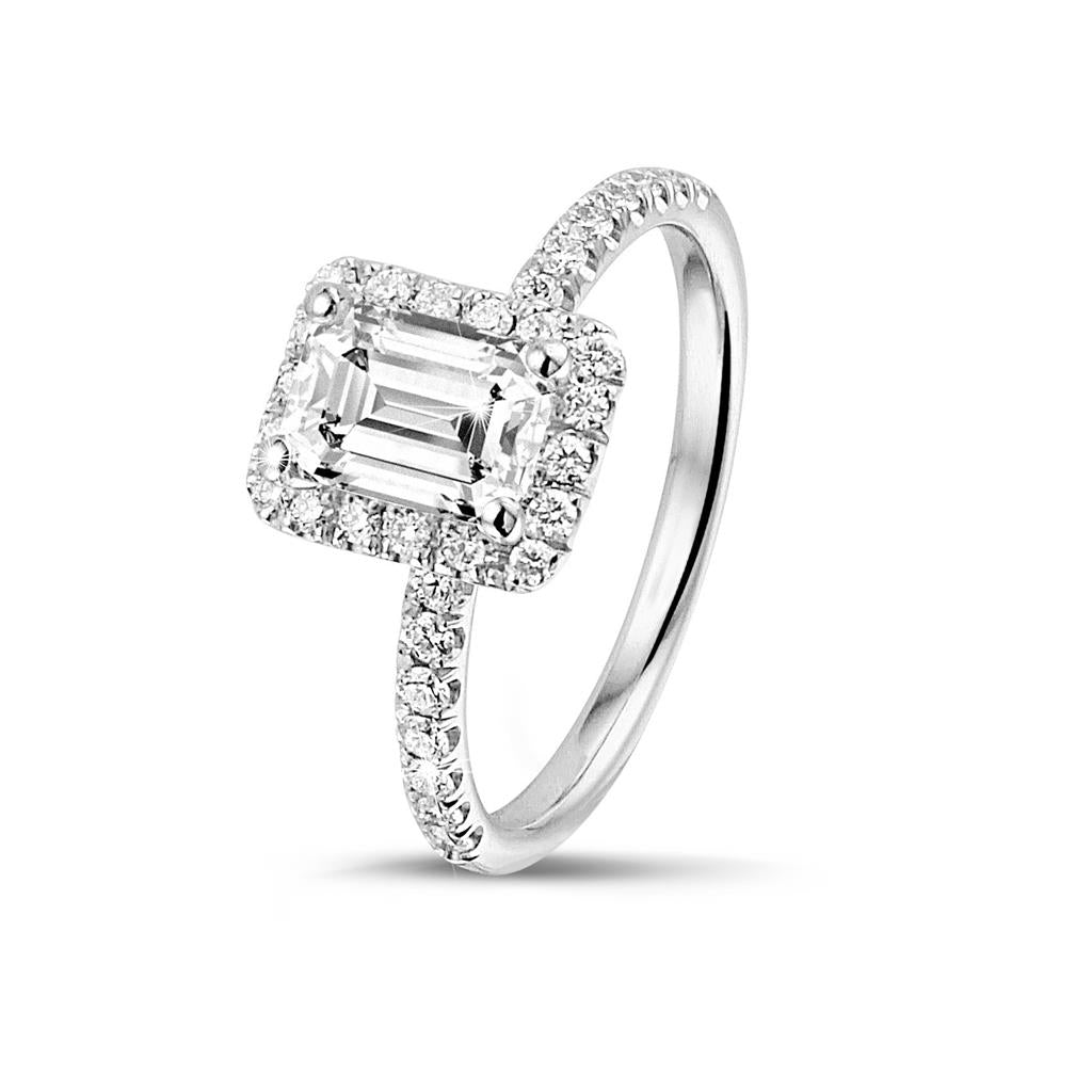14kt White Gold Emerald Halo Diamond Engagement Ring - side view