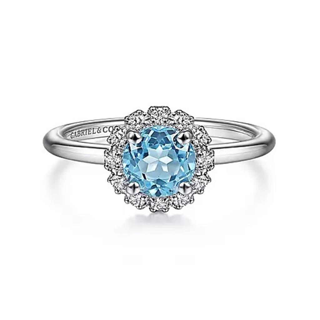 14K White Gold Round Blue Topaz And Diamond Halo Ring