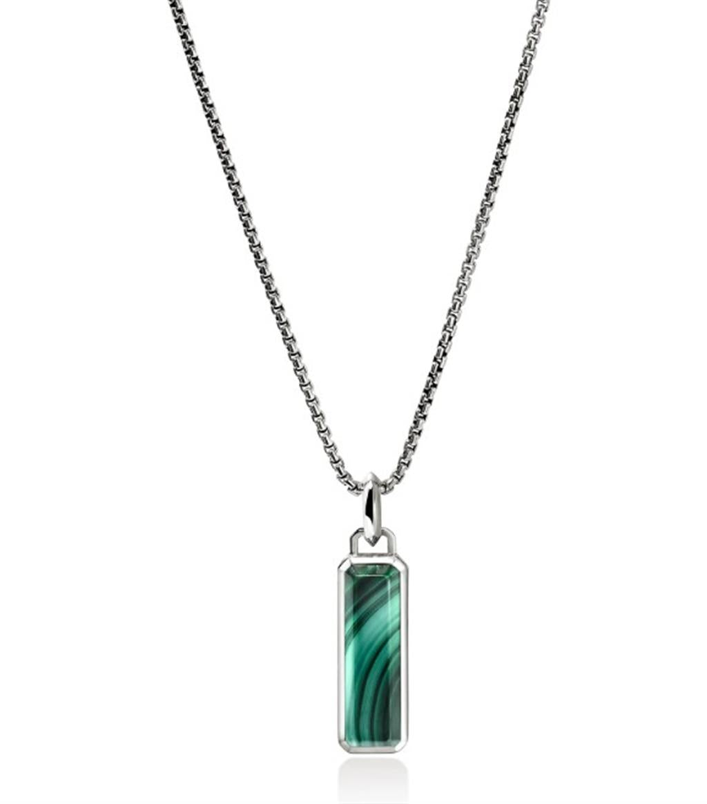 Gent's Sterling Silver Malachite 20x6mm Pendant on 1.6mm Box Chain Necklace