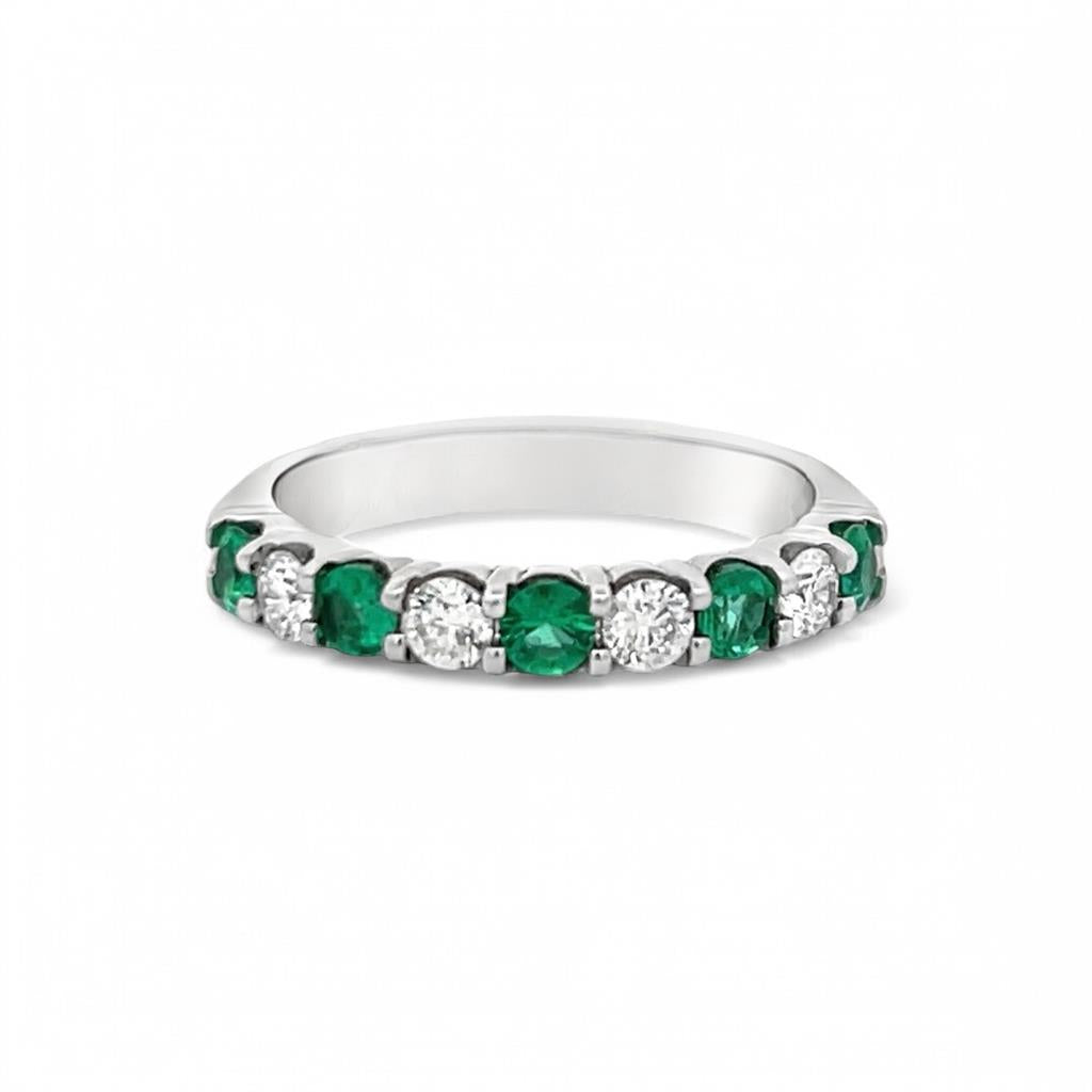 14K White Gold Diamond & Emerald Alternating Stone Band