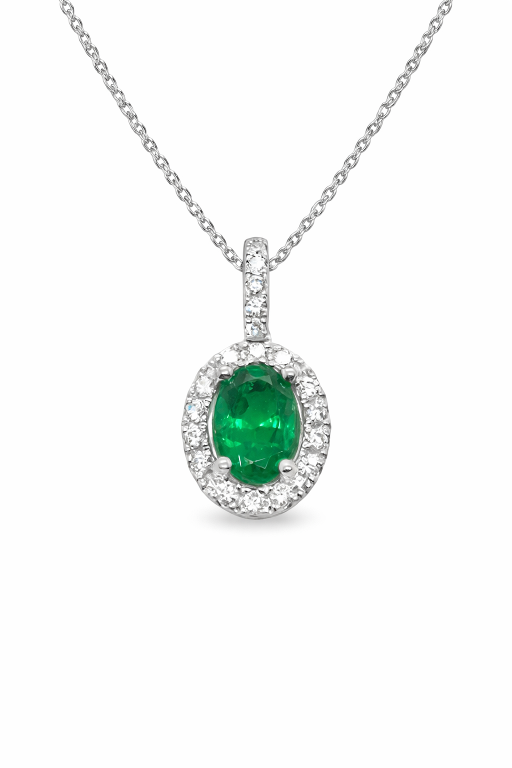 18kt White Gold Oval Emerald Halo Diamond Pendant