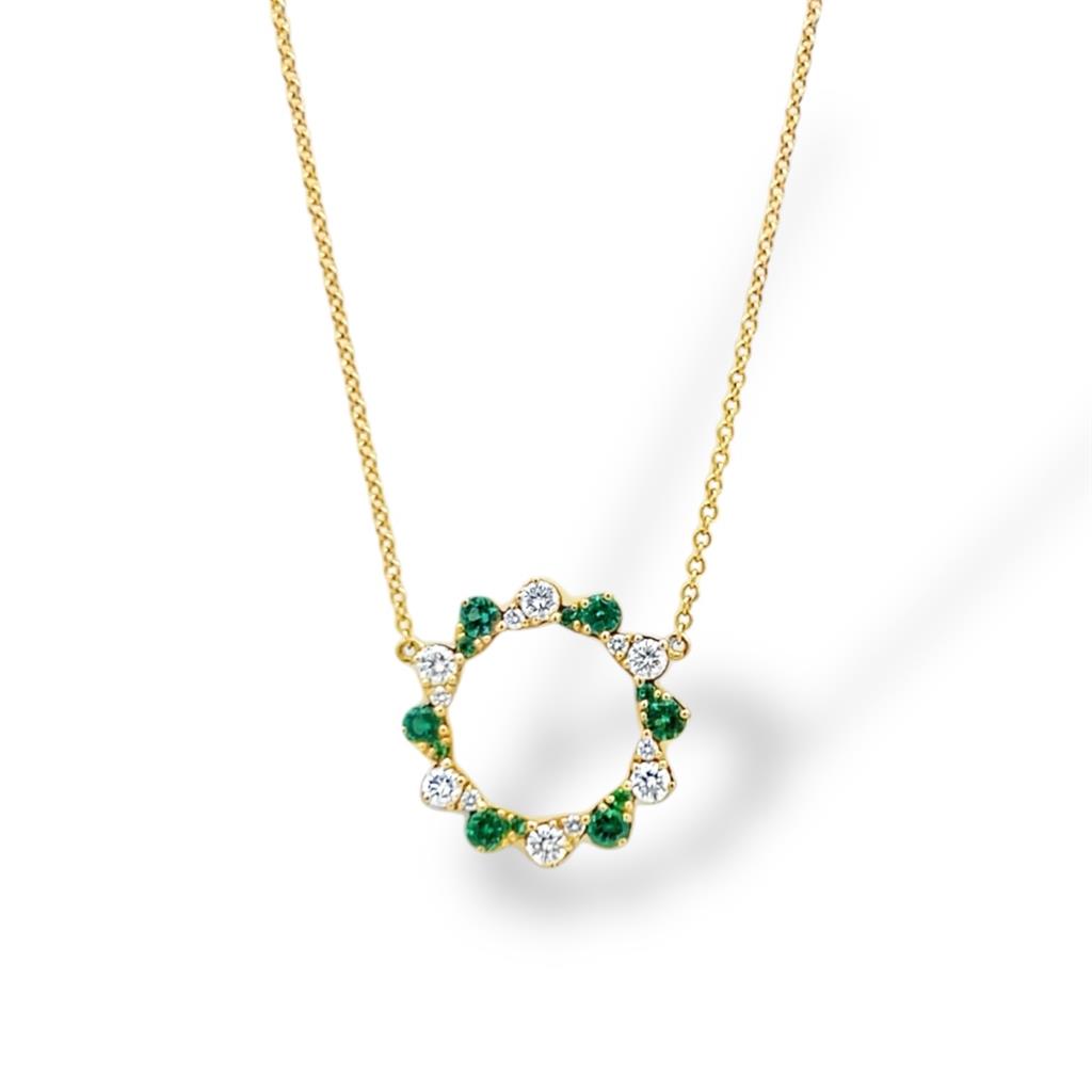 14kt Yellow Gold Emerald and Diamond Open Floral Circle Pendant Necklace
