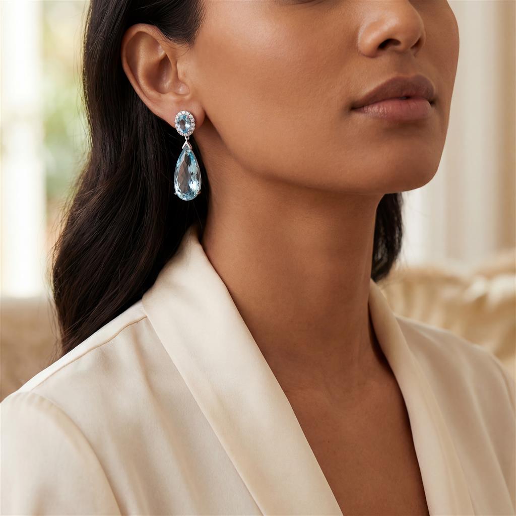 14KT White Gold Diamond Halo & Aquamarine Dangle Earrings