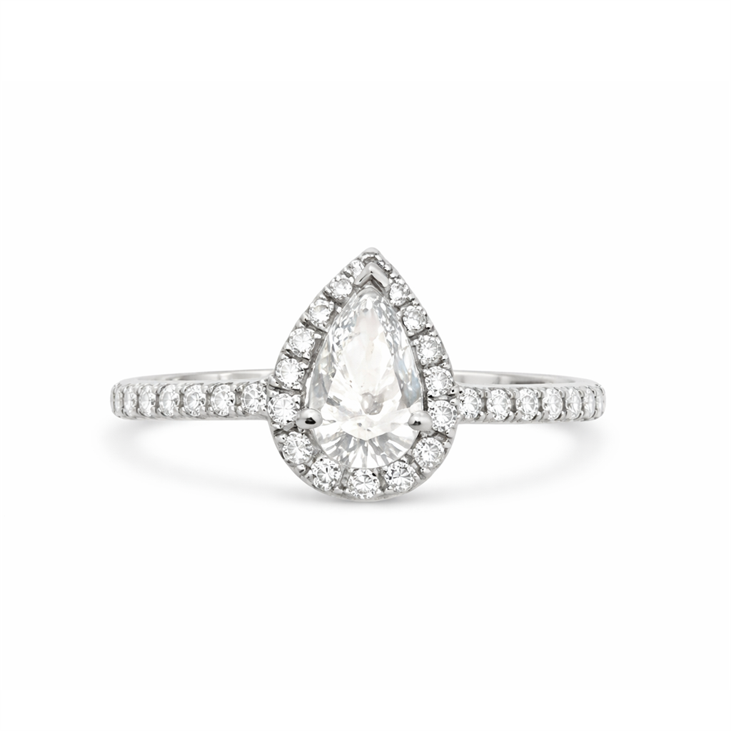 18kt White Gold Pear Halo Diamond Engagement Ring ā 1.00ct Center, Size 6.5