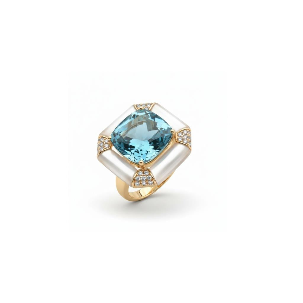 18kt Yellow Gold Mother of Pearl, Diamond & Sky Blue Topaz Fashion Ring