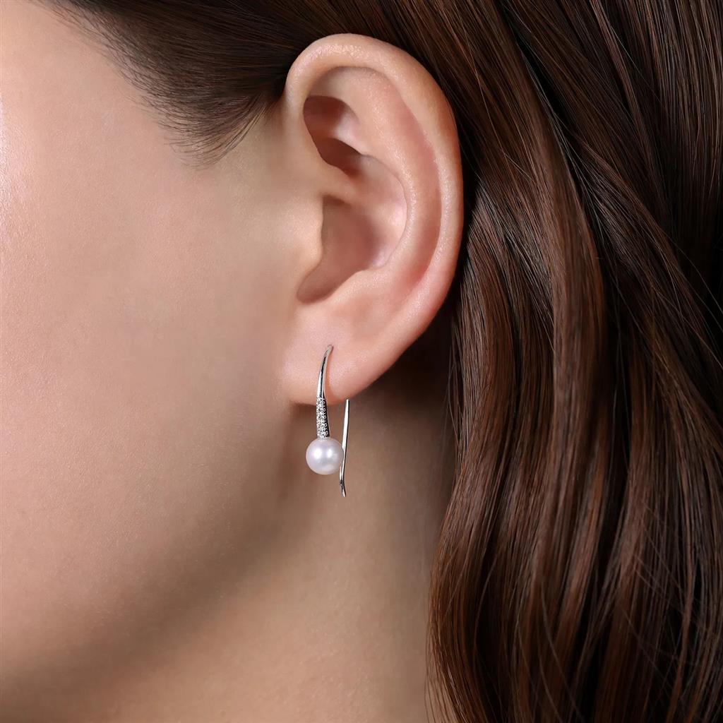 14kt White Gold Diamond & Pearl Drop Earrings by Gabriel & Co
