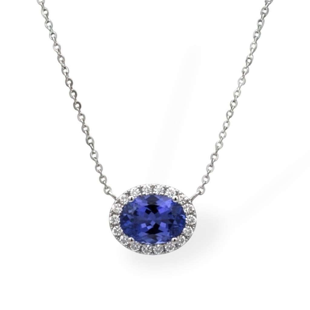 14KT White Gold Tanzanite and Diamond Halo Necklace