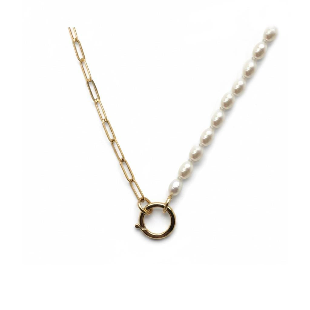 14K Yellow Gold Pearl & Paperclip Chain Necklace with Charm Enhancer | 17"