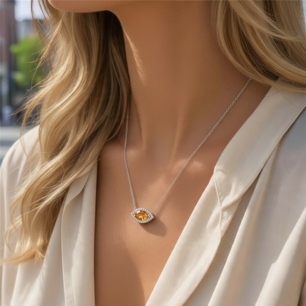 18KT White Gold Citrine and Diamond Marquise Halo Necklace