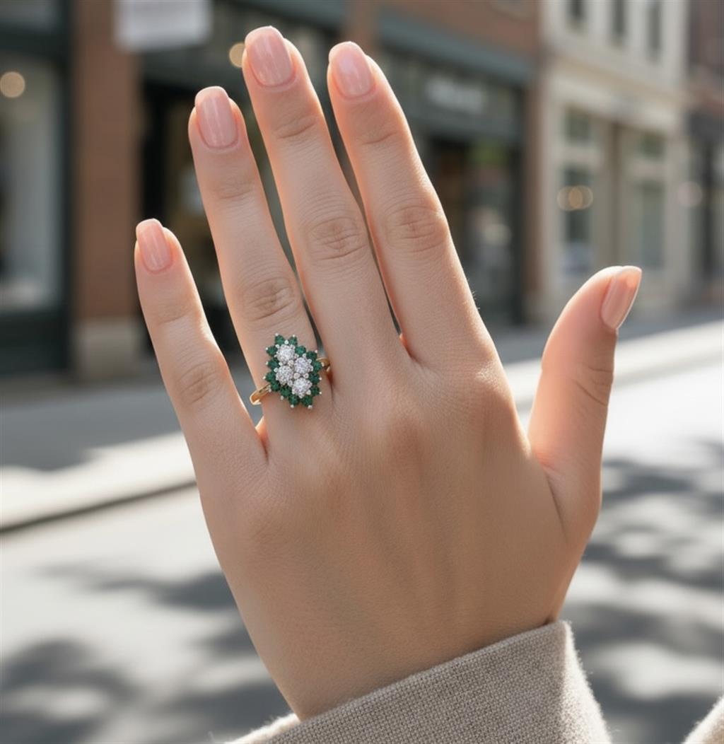 14KT Two-Tone Diamond Cluster And Emerald Halo Ring