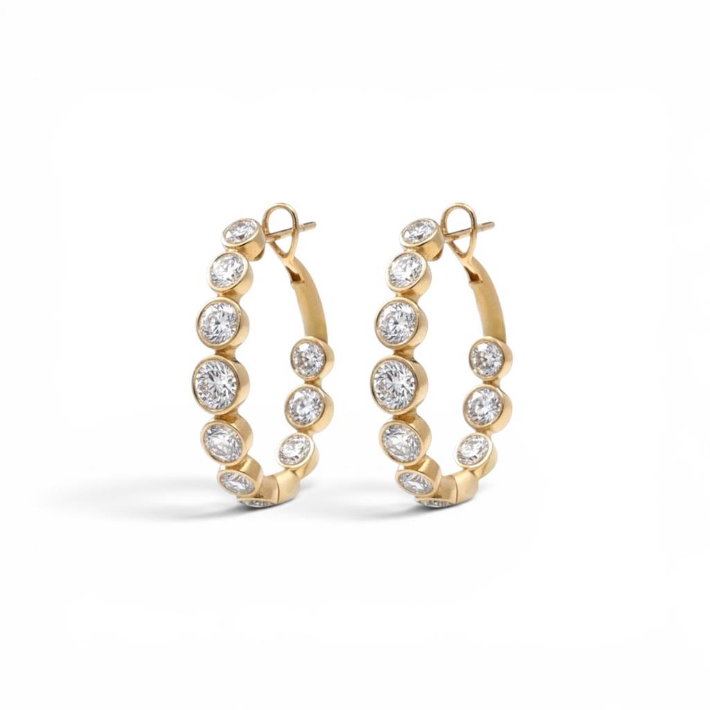 18K Yellow Gold Oval In/Out Bezel Diamond Hoop Earrings
