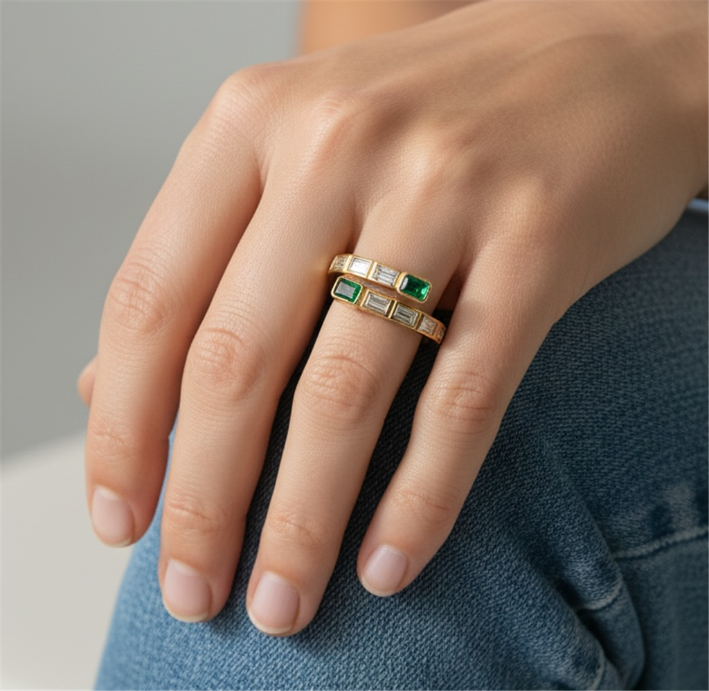18K Yellow Gold Emerald & Diamond Bypass Ring | Bezel Set 1.41 CTW Fashion Ring