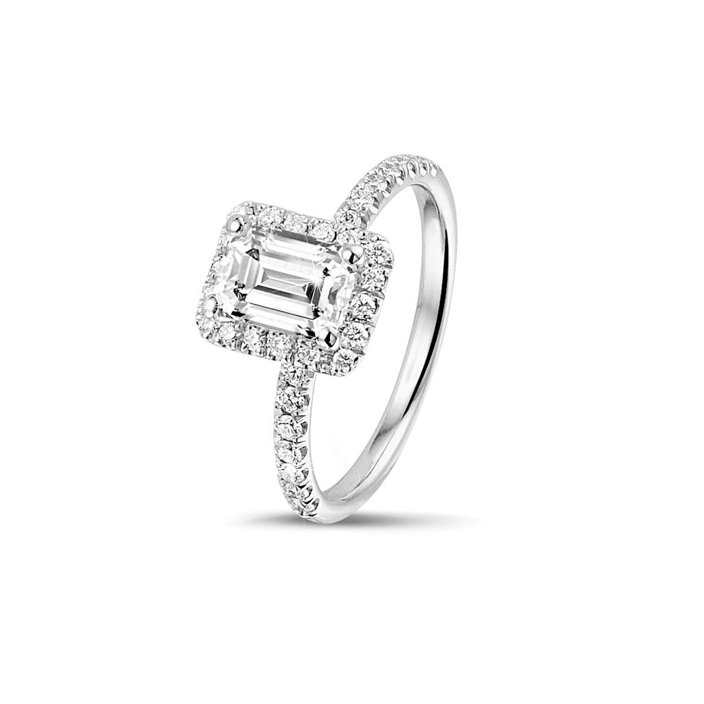 14kt White Gold Emerald Halo Diamond Engagement Ring
